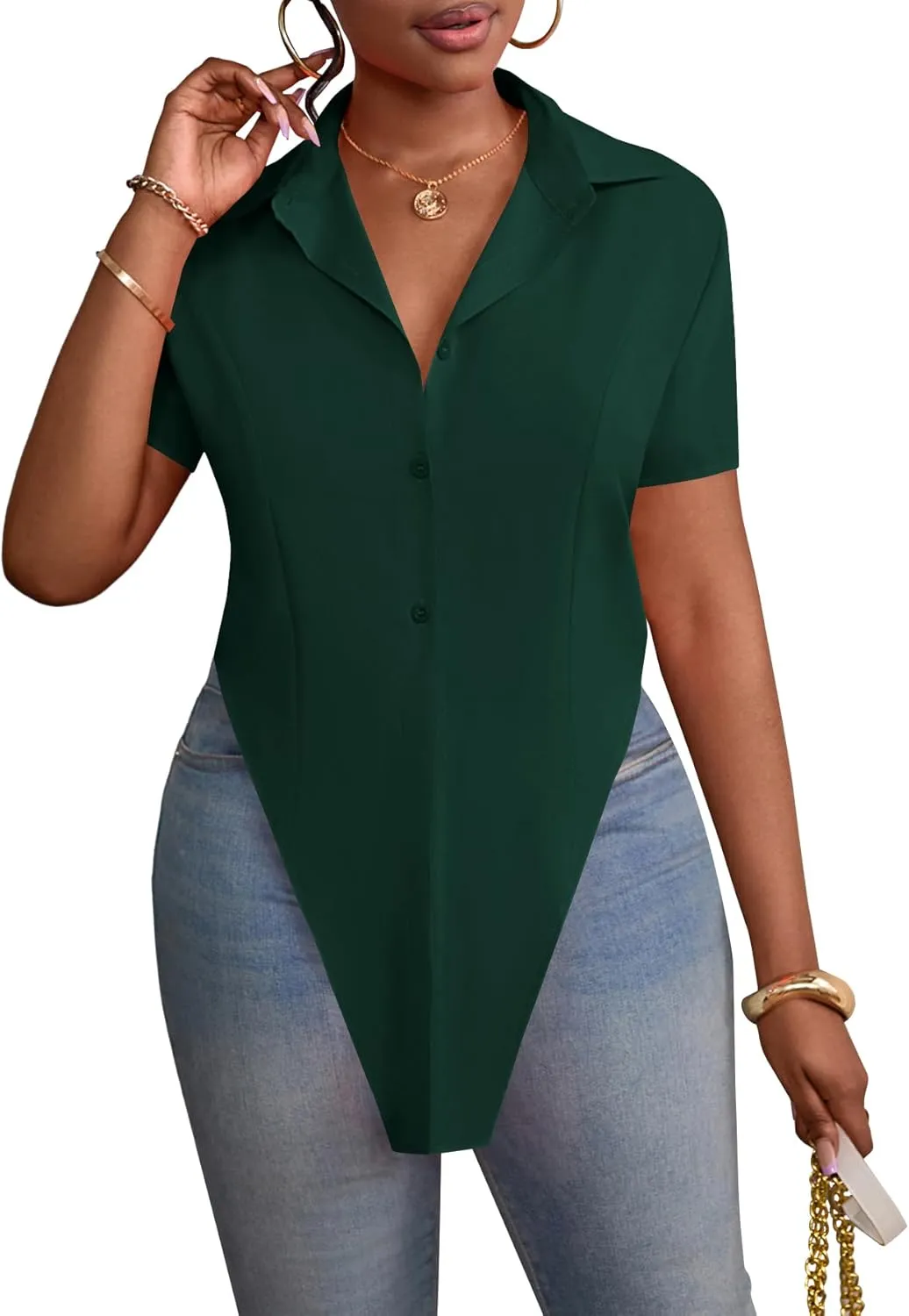 LYANER Women's Collar V Neck Button Front Short Sleeve Slit Hem Long Shirt Blouse Top