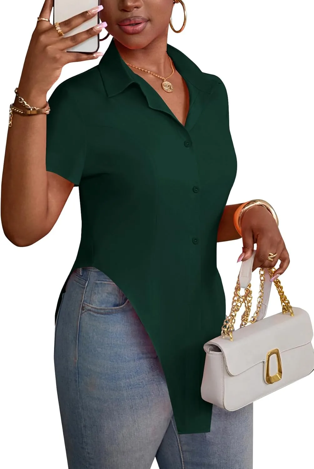 LYANER Women's Collar V Neck Button Front Short Sleeve Slit Hem Long Shirt Blouse Top