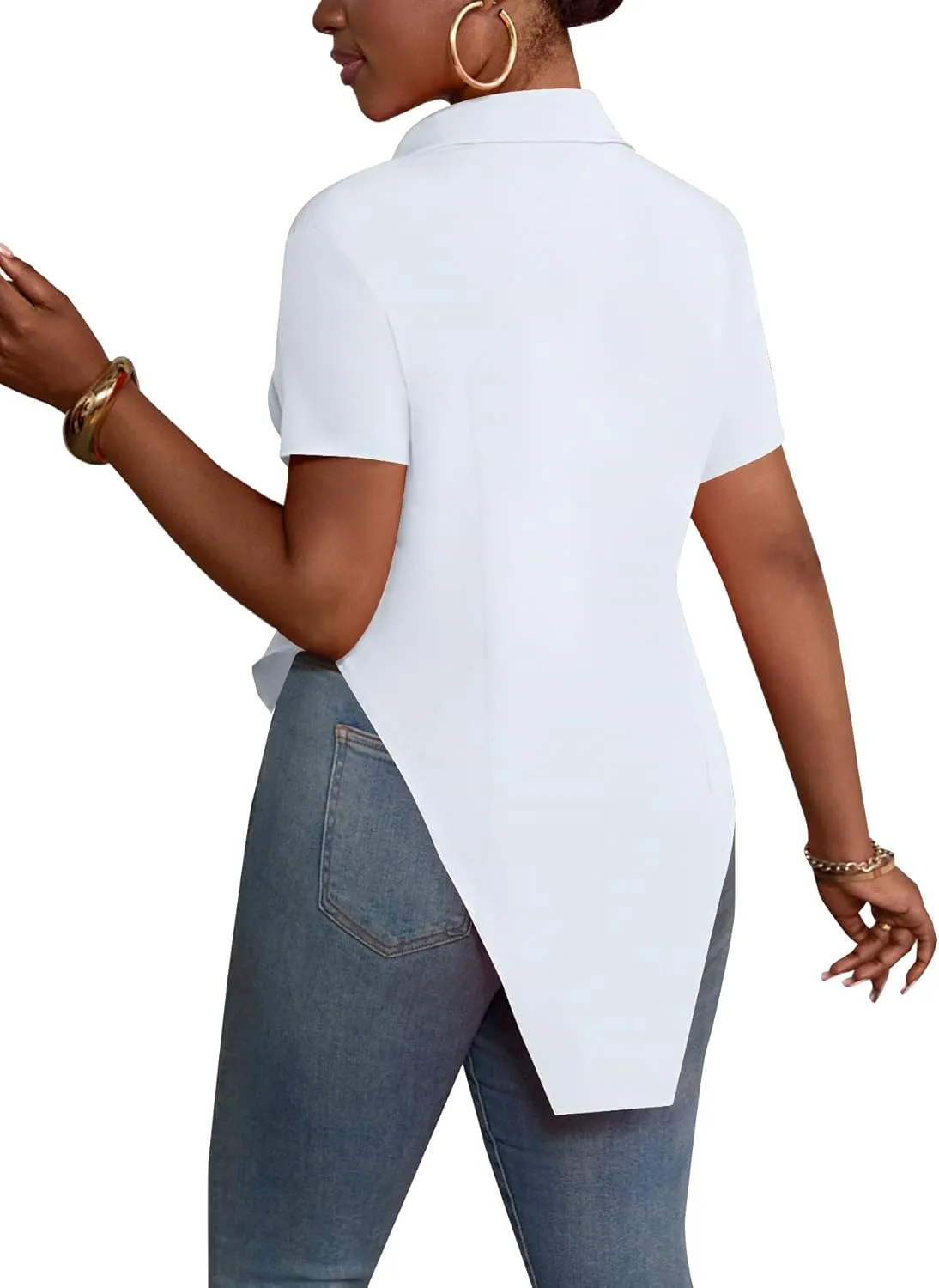 LYANER Women's Collar V Neck Button Front Short Sleeve Slit Hem Long Shirt Blouse Top