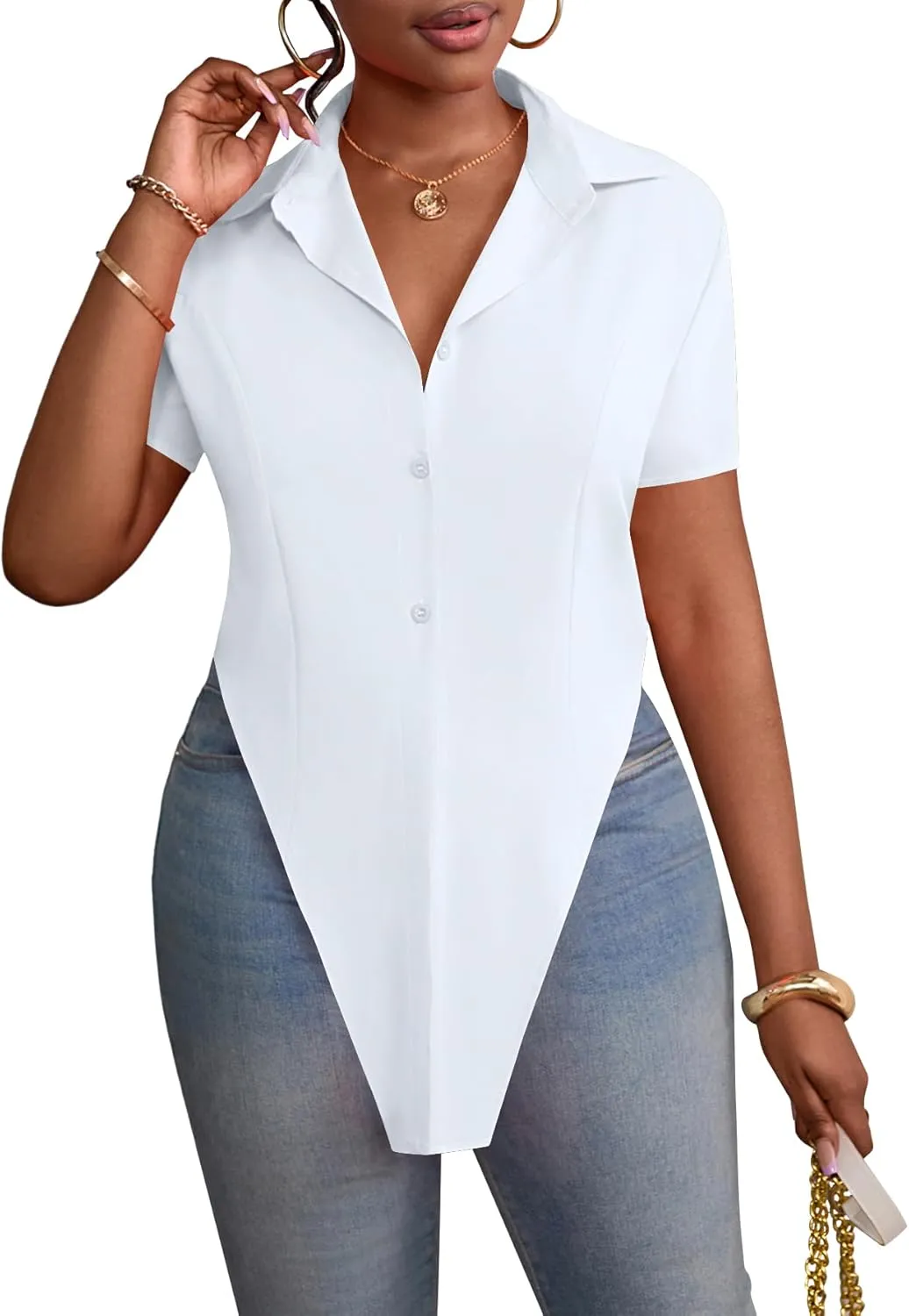 LYANER Women's Collar V Neck Button Front Short Sleeve Slit Hem Long Shirt Blouse Top
