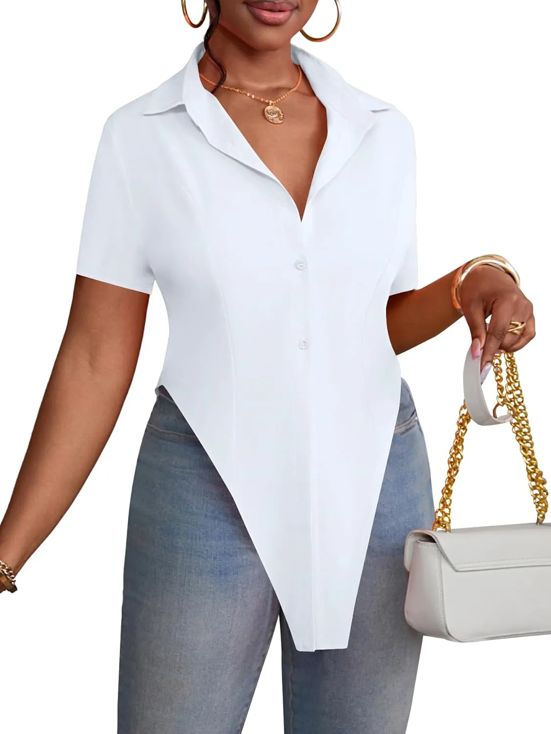 LYANER Women's Collar V Neck Button Front Short Sleeve Slit Hem Long Shirt Blouse Top