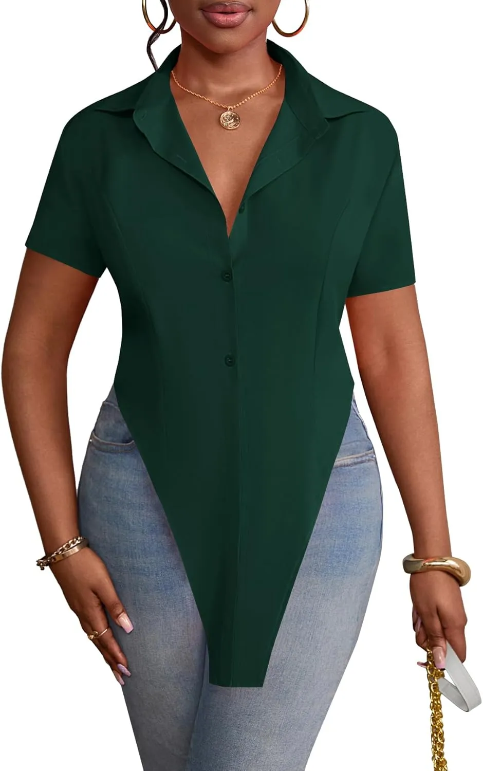 LYANER Women's Collar V Neck Button Front Short Sleeve Slit Hem Long Shirt Blouse Top