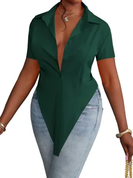 LYANER Women's Collar V Neck Button Front Short Sleeve Slit Hem Long Shirt Blouse Top