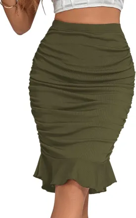 LYANER Women's Rib Knit Ruched Elastic Waist Ruffle Hem Mermaid Fishtail Bodycon Midi Skirt