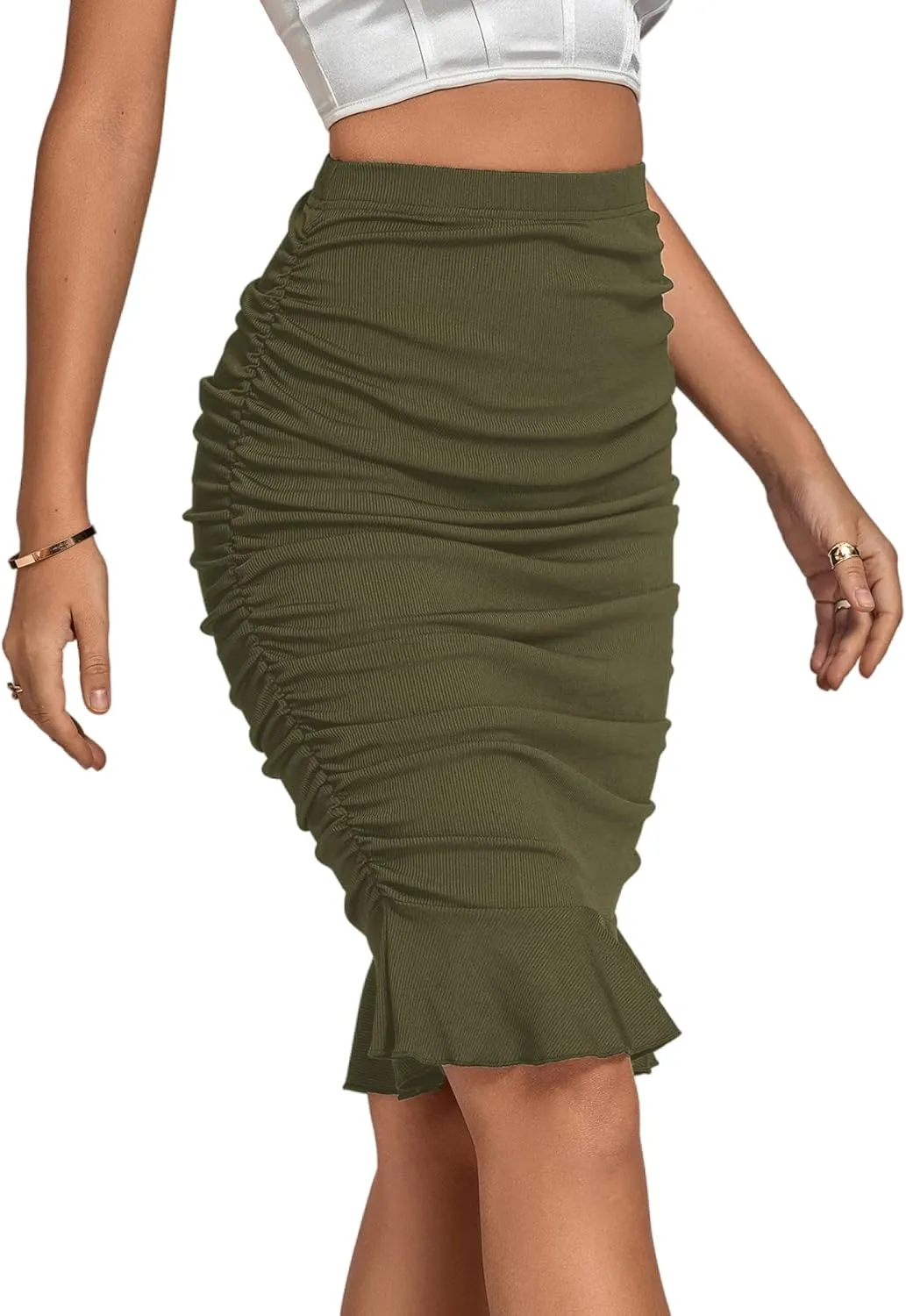 LYANER Women's Rib Knit Ruched Elastic Waist Ruffle Hem Mermaid Fishtail Bodycon Midi Skirt