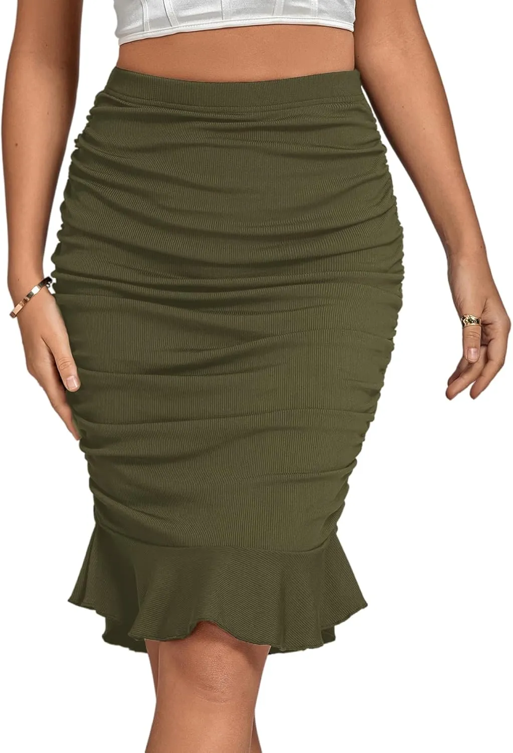 LYANER Women's Rib Knit Ruched Elastic Waist Ruffle Hem Mermaid Fishtail Bodycon Midi Skirt