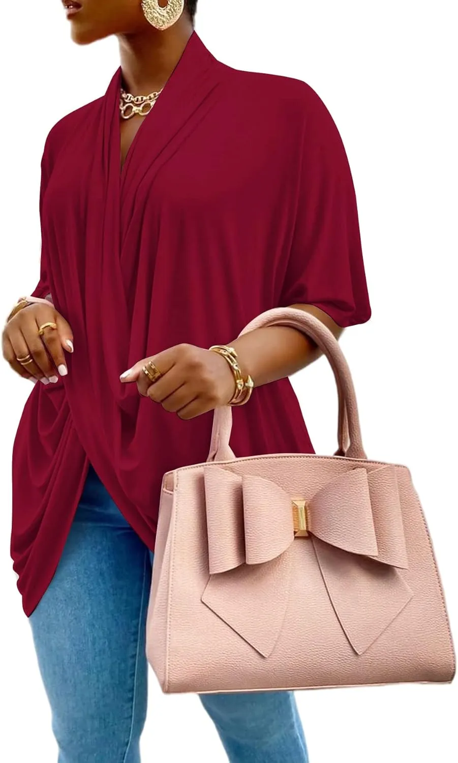 LYANER Women's Wrap V Neck Ruched Short Sleeve Split Hem Blouse Shirt Tunic Top