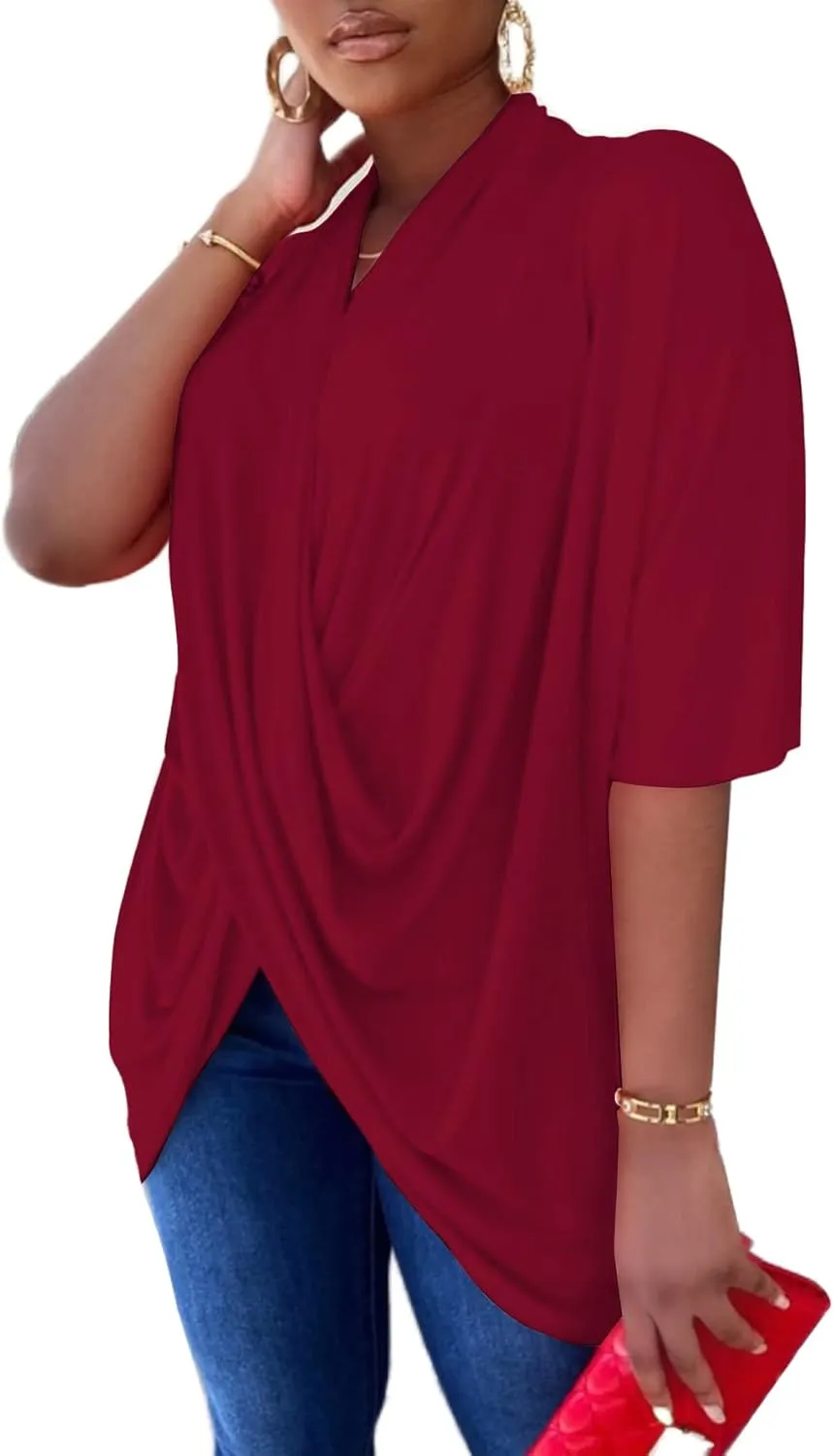 LYANER Women's Wrap V Neck Ruched Short Sleeve Split Hem Blouse Shirt Tunic Top