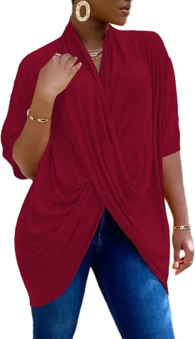 LYANER Women's Wrap V Neck Ruched Short Sleeve Split Hem Blouse Shirt Tunic Top