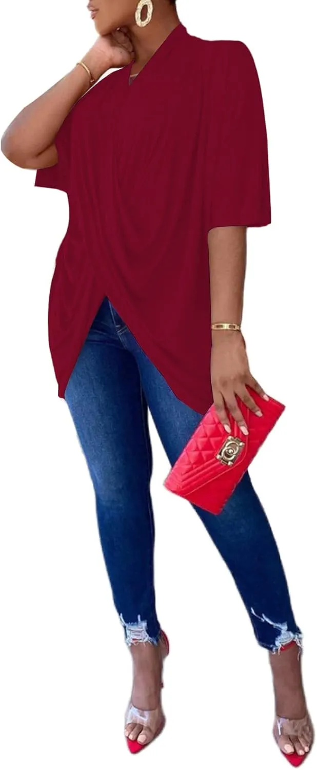LYANER Women's Wrap V Neck Ruched Short Sleeve Split Hem Blouse Shirt Tunic Top