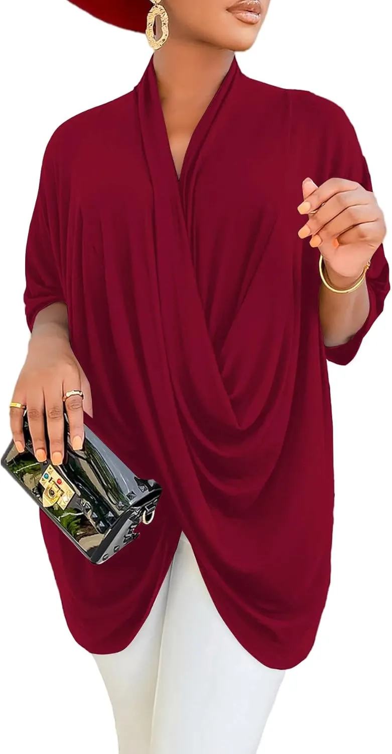 LYANER Women's Wrap V Neck Ruched Short Sleeve Split Hem Blouse Shirt Tunic Top