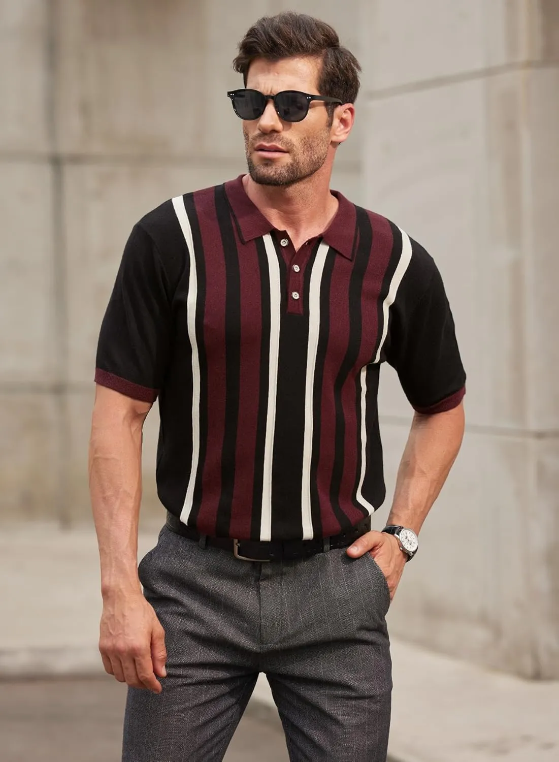 Mainfini Men's Vintage Knit Polo Shirt Casual Button Shirt (S-XXL)