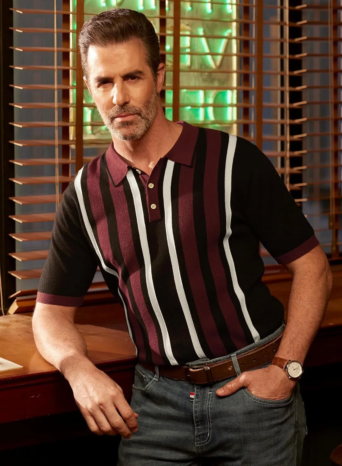 Mainfini Men's Vintage Knit Polo Shirt Casual Button Shirt (S-XXL)
