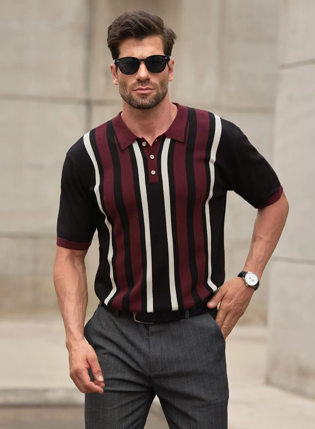 Mainfini Men's Vintage Knit Polo Shirt Casual Button Shirt (S-XXL)
