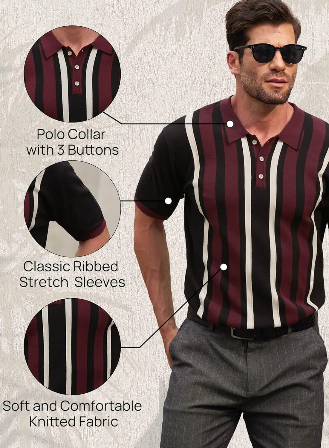 Mainfini Men's Vintage Knit Polo Shirt Casual Button Shirt (S-XXL)