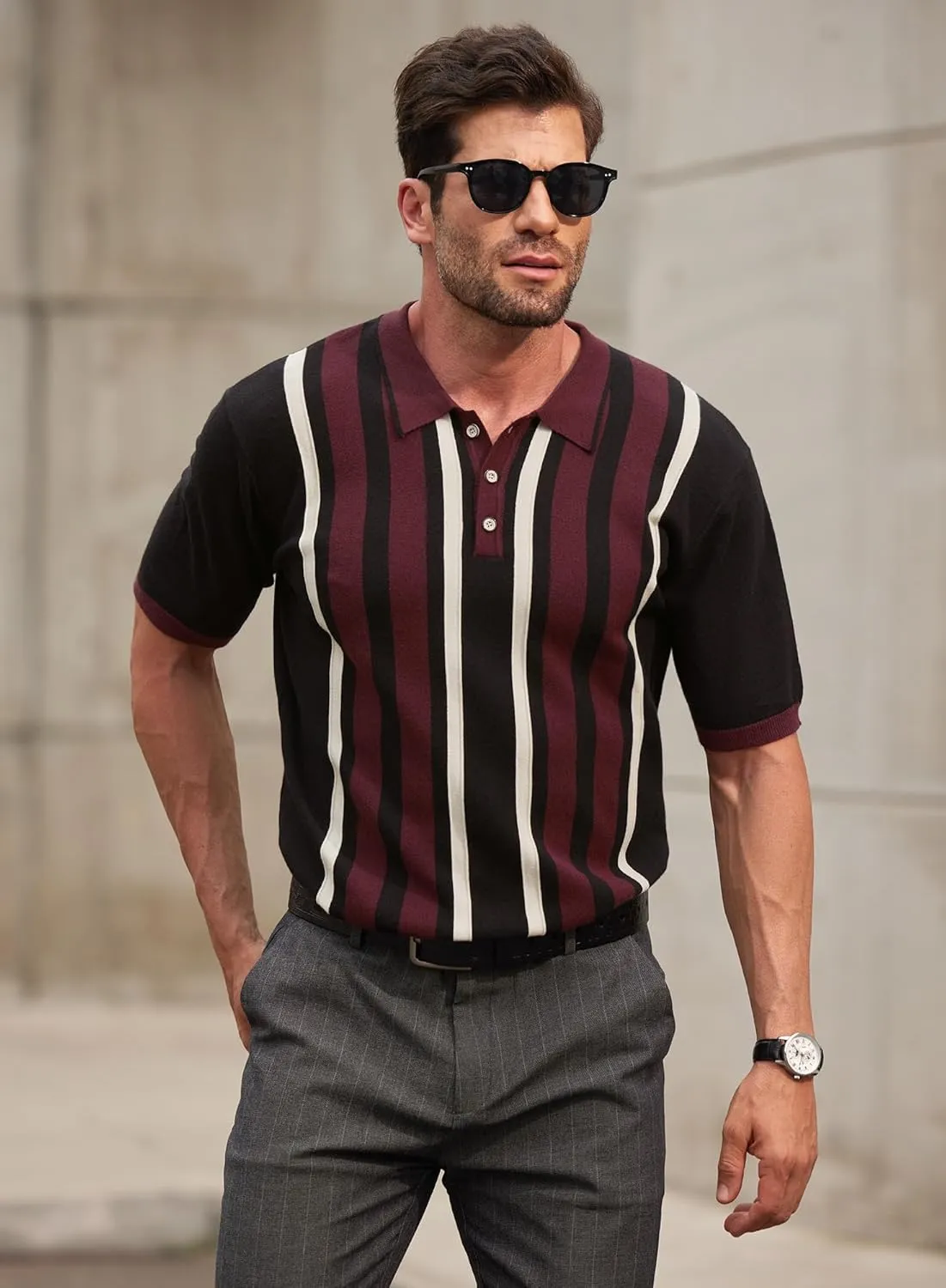 Mainfini Men's Vintage Knit Polo Shirt Casual Button Shirt (S-XXL)