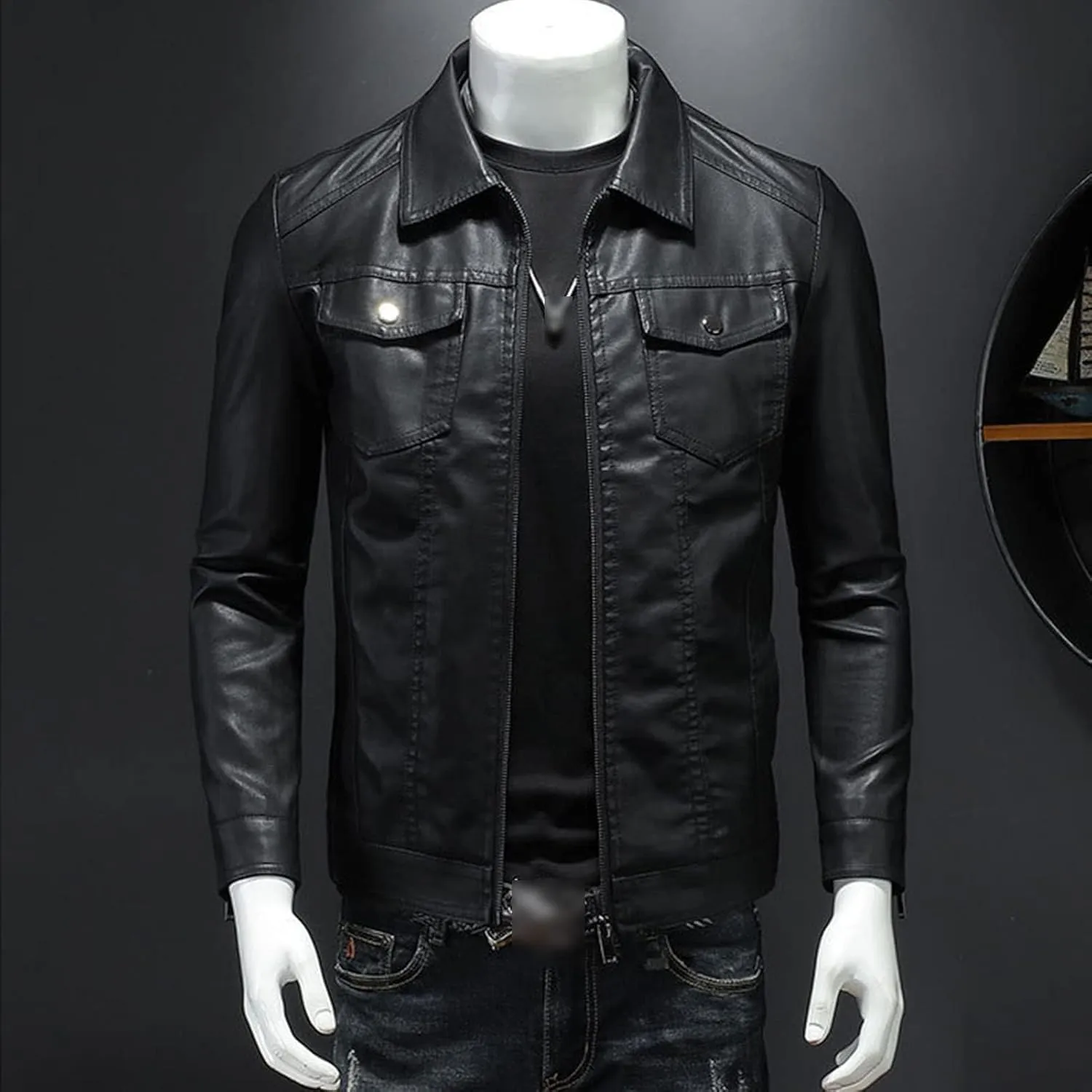Maiyifu-GJ Men's Vintage Faux Leather Jacket Zip Up Long Sleeve Motorcycle Coat PU Lapel Lightweight Slim Fit Jackets