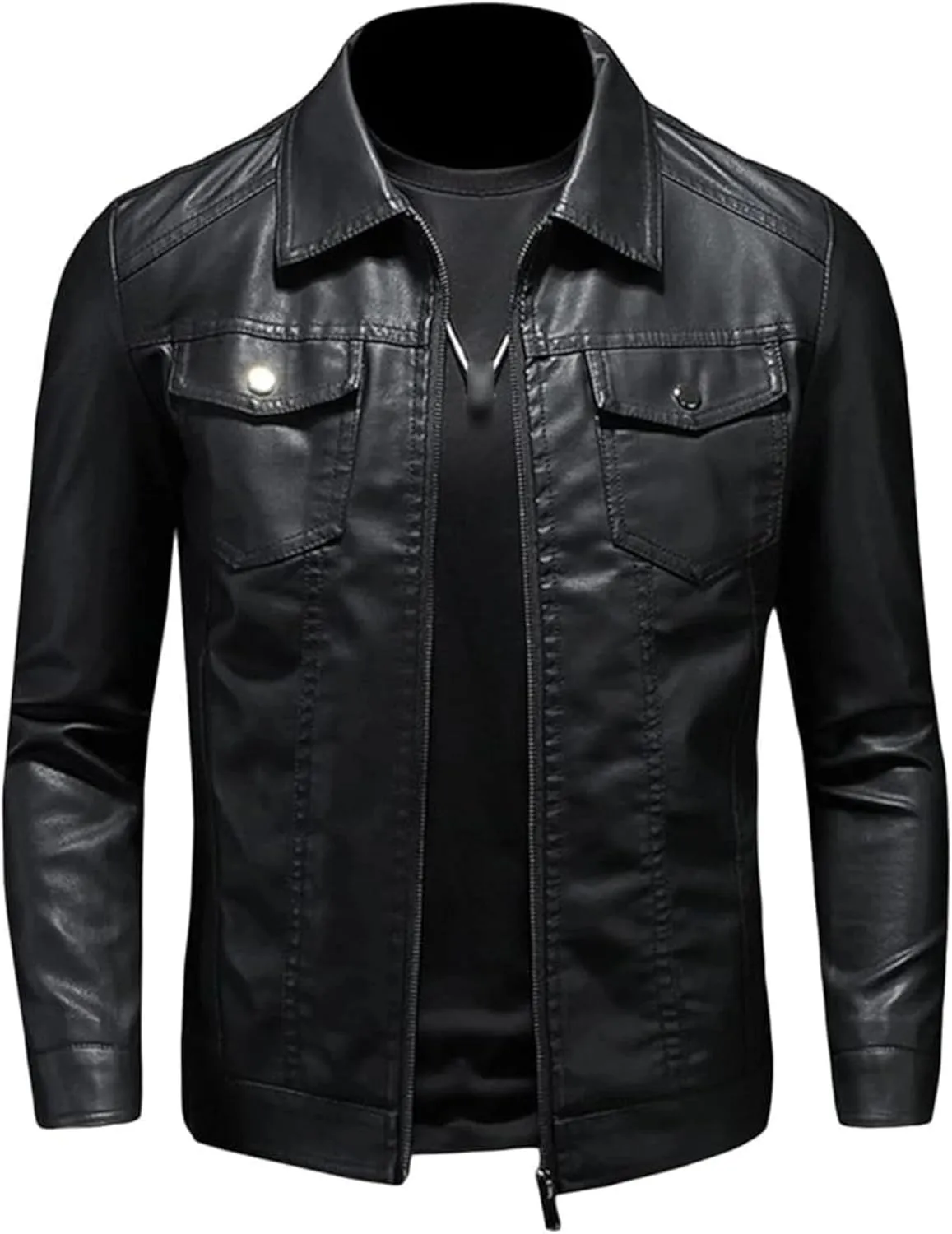 Maiyifu-GJ Men's Vintage Faux Leather Jacket Zip Up Long Sleeve Motorcycle Coat PU Lapel Lightweight Slim Fit Jackets