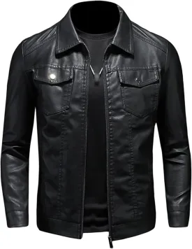 Maiyifu-GJ Men's Vintage Faux Leather Jacket Zip Up Long Sleeve Motorcycle Coat PU Lapel Lightweight Slim Fit Jackets