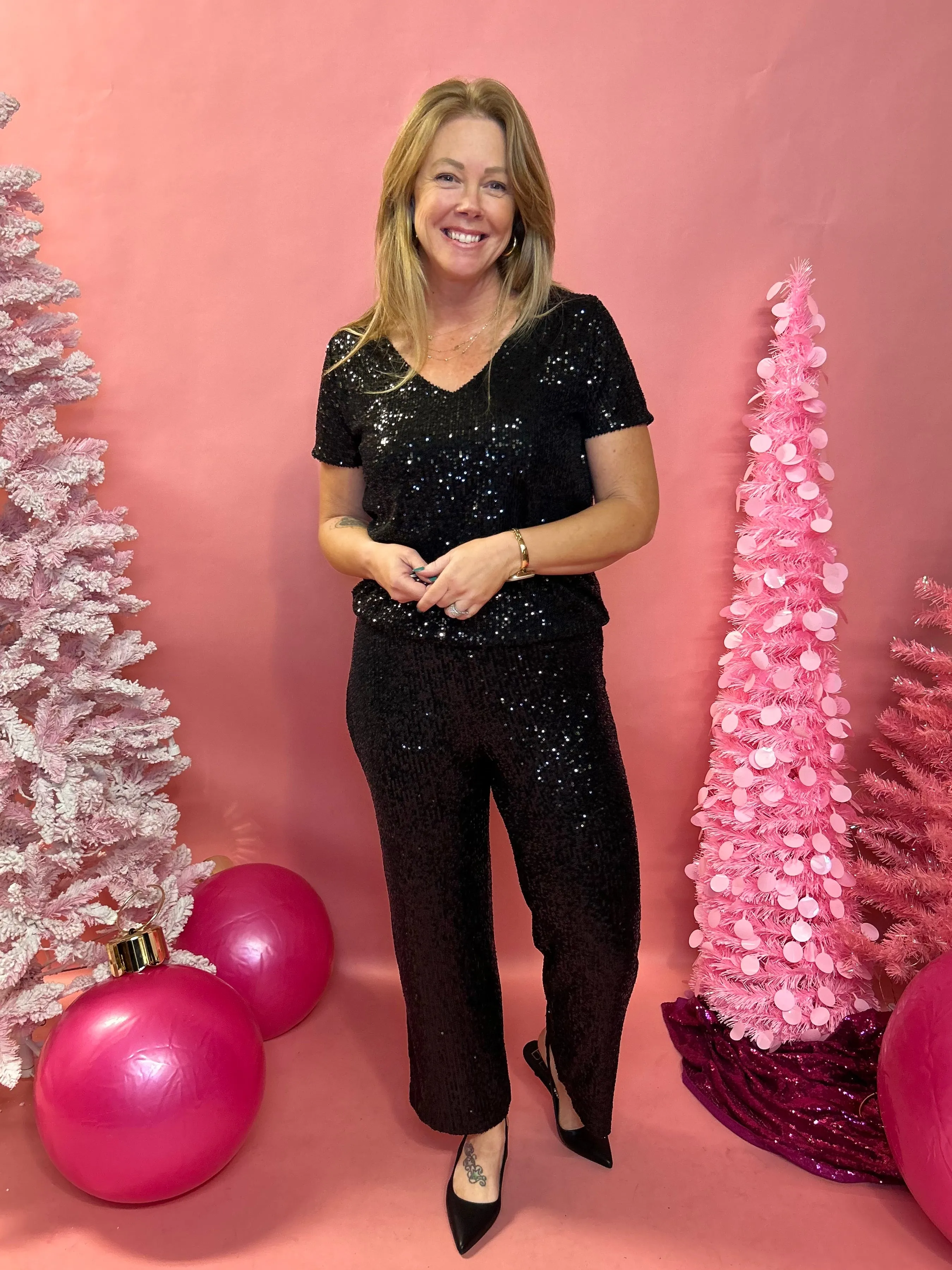 Marblla V-Neck Sequin Top in Black
