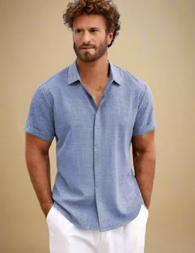 Men Short Sleeve Blue Linen Shirt