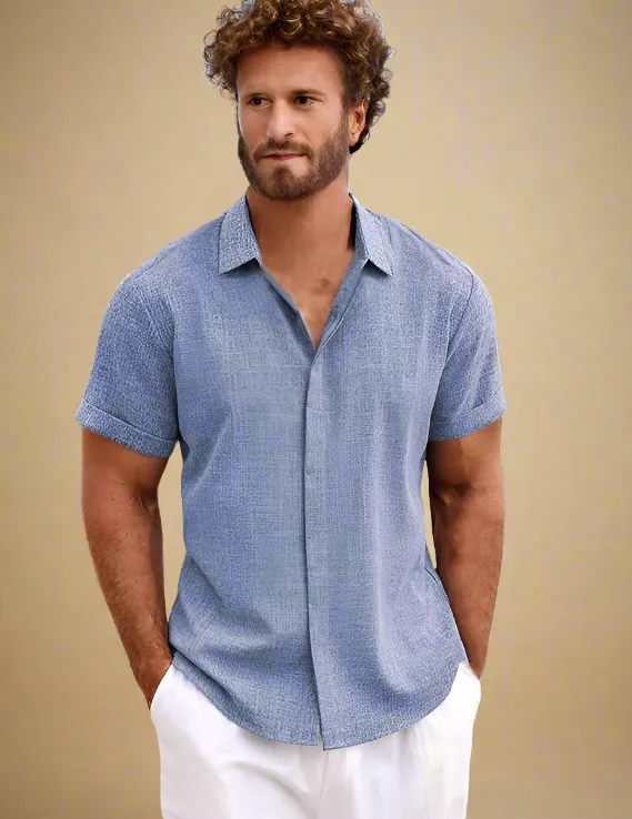 Men Short Sleeve Blue Linen Shirt