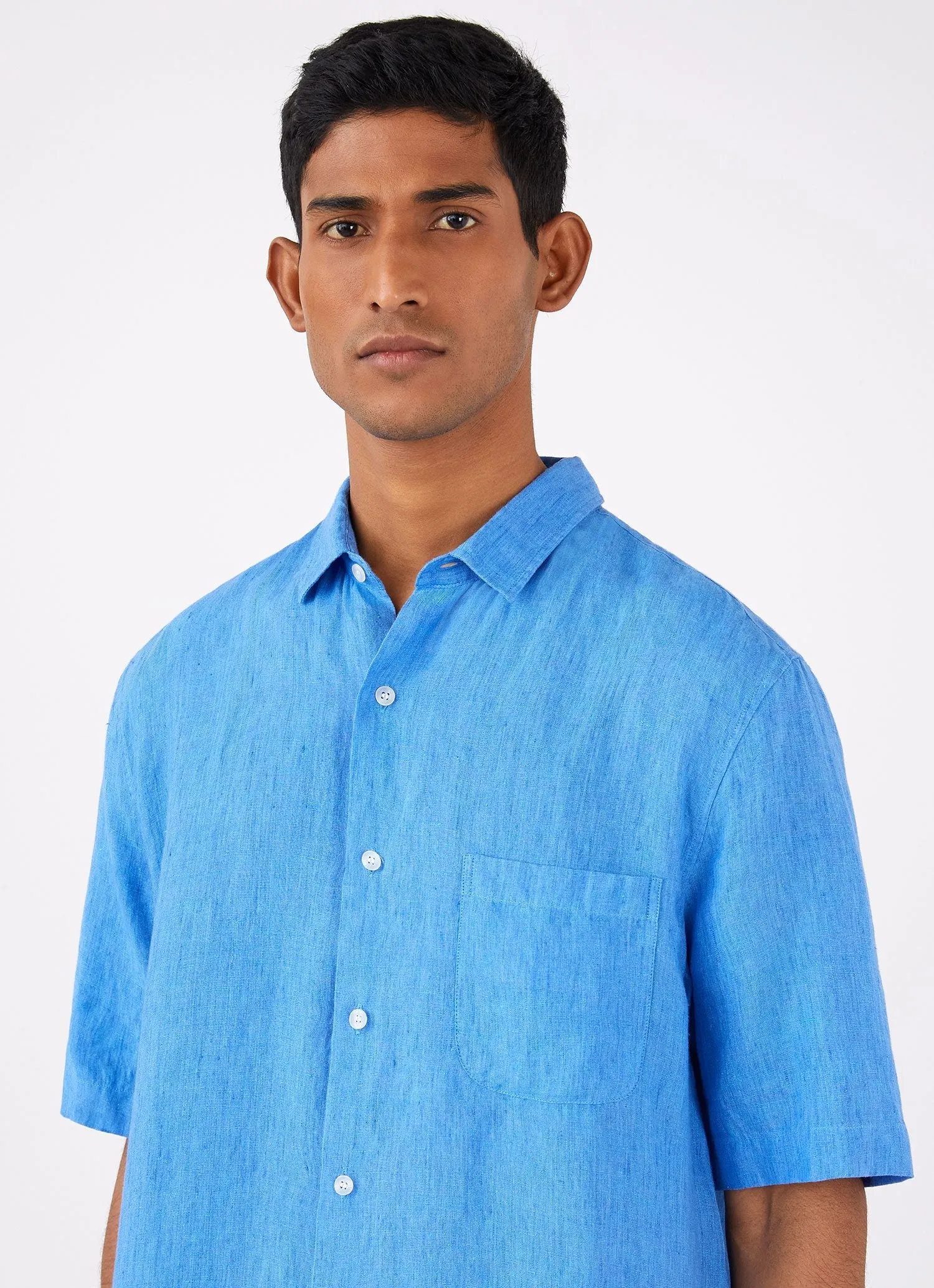 Men's Short Sleeve Linen Shirt in Lake Blue