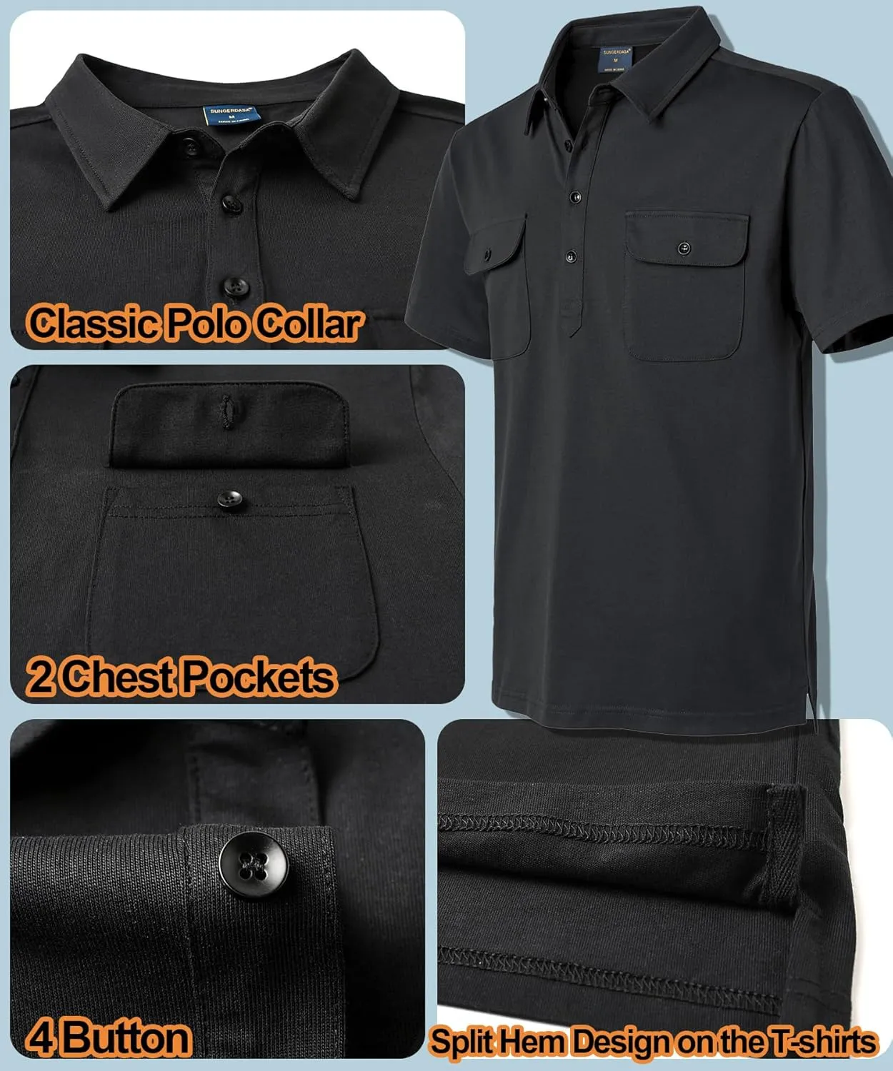 Mens Short Sleeve Polo Shirt Cotton Golf T-Shirt Work Shirts with 2 Pockets