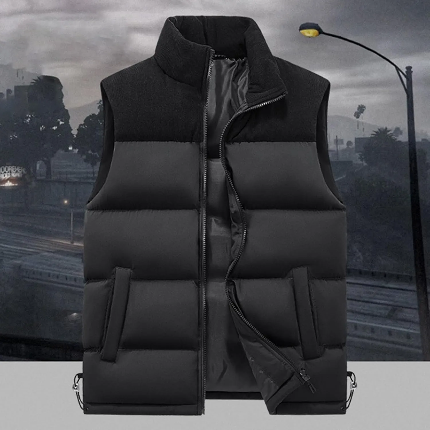 Men's Winter Outdoor Casual Quilted Padded Vest Fashion Color Block Full Zipper Stand Collar Sleeveless Jackets