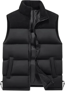 Men's Winter Outdoor Casual Quilted Padded Vest Fashion Color Block Full Zipper Stand Collar Sleeveless Jackets
