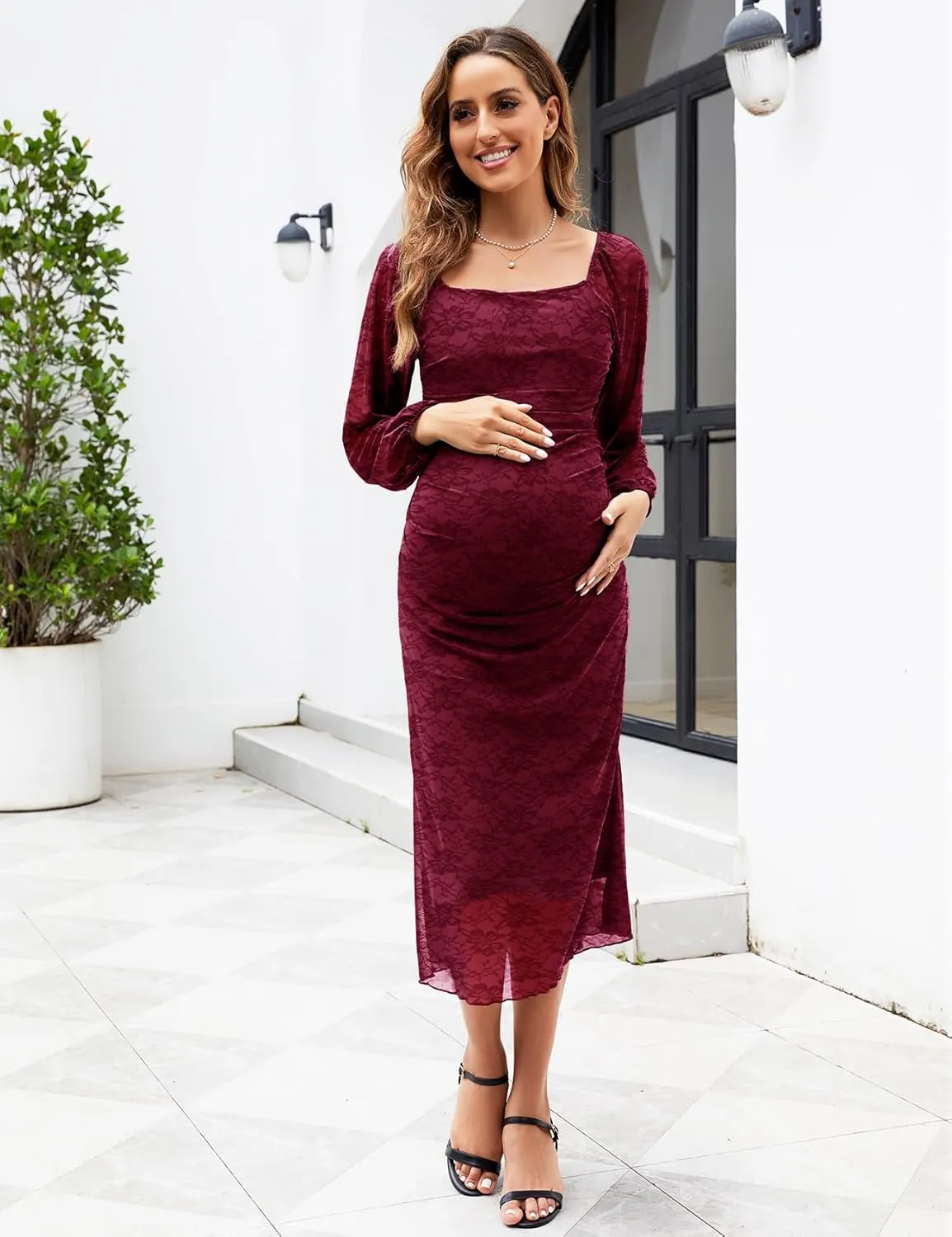 Mesh Ruched Maternity Dress Baby Shower Wedding Guest Pregnancy Shoot Fall Long Short Sleeves Square Neck
