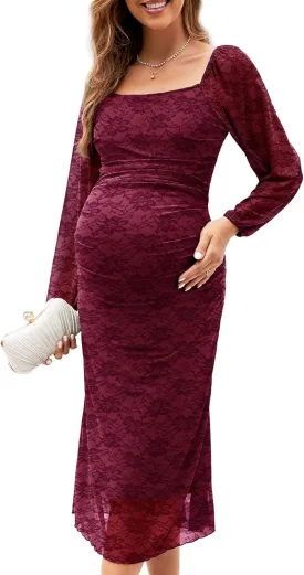 Mesh Ruched Maternity Dress Baby Shower Wedding Guest Pregnancy Shoot Fall Long Short Sleeves Square Neck