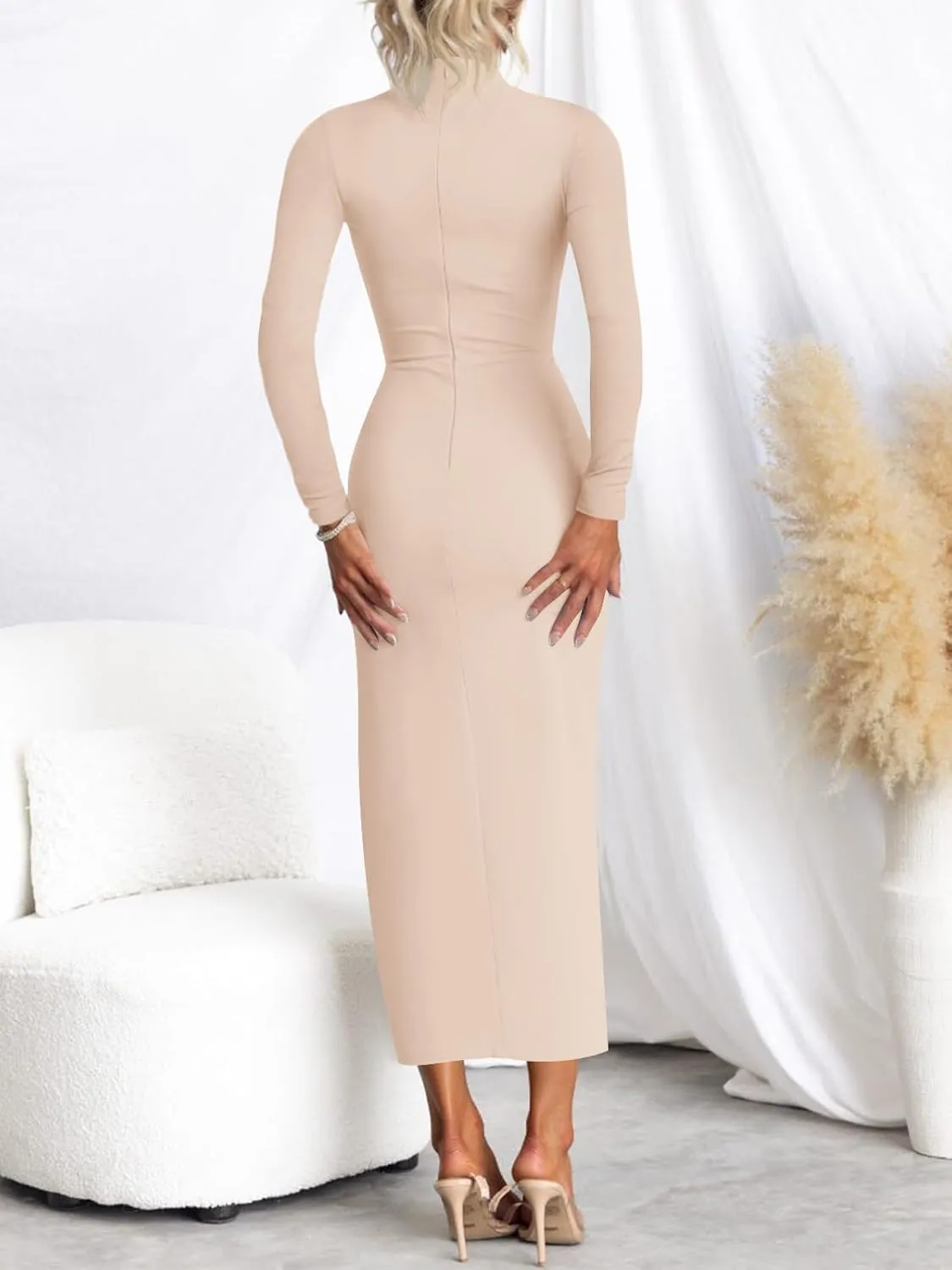 MIROL Women's 2025 Bodycon Maxi Dress Mock Neck Side Slit Fall Long Sleeve Ruched Long Dress