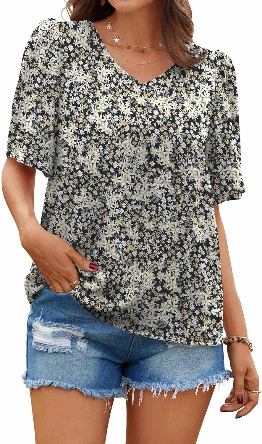Neineiwu Women's Summer V Neck Floral Print Blouse Short Sleeve Loose Top Shirts