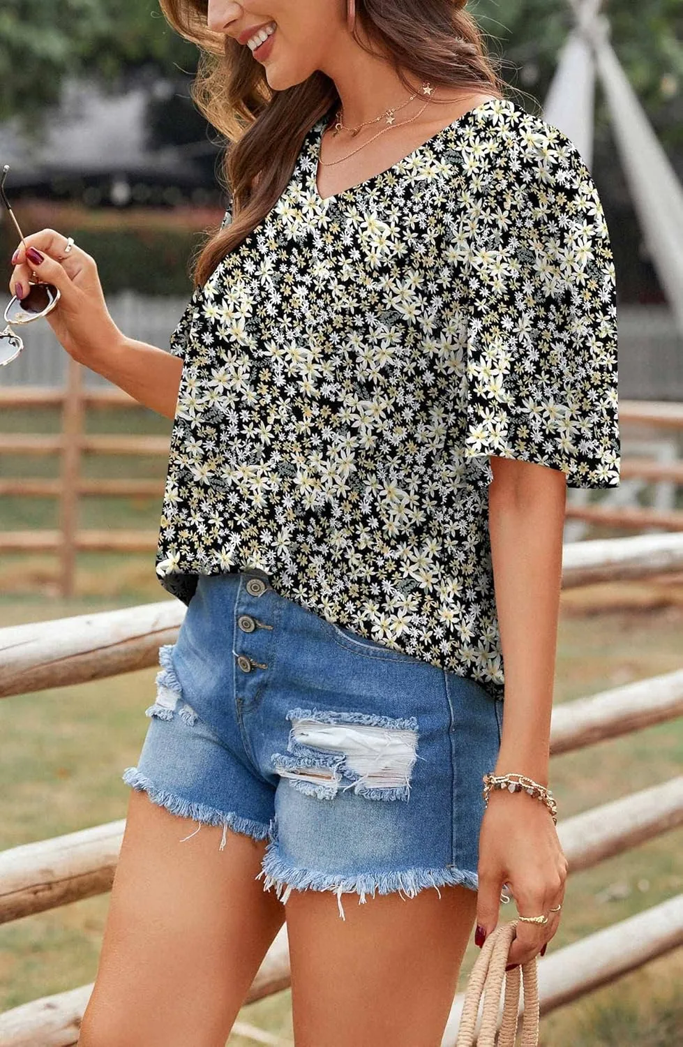 Neineiwu Women's Summer V Neck Floral Print Blouse Short Sleeve Loose Top Shirts