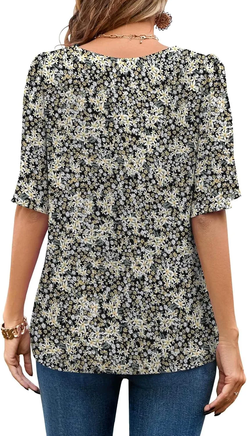 Neineiwu Women's Summer V Neck Floral Print Blouse Short Sleeve Loose Top Shirts