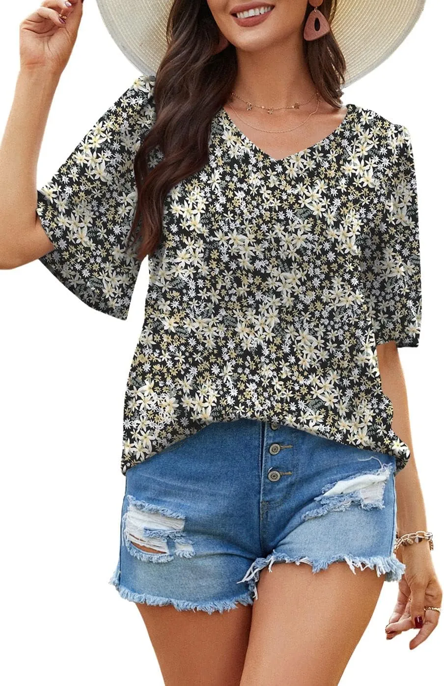 Neineiwu Women's Summer V Neck Floral Print Blouse Short Sleeve Loose Top Shirts