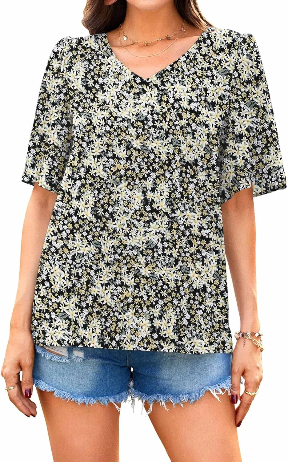 Neineiwu Women's Summer V Neck Floral Print Blouse Short Sleeve Loose Top Shirts