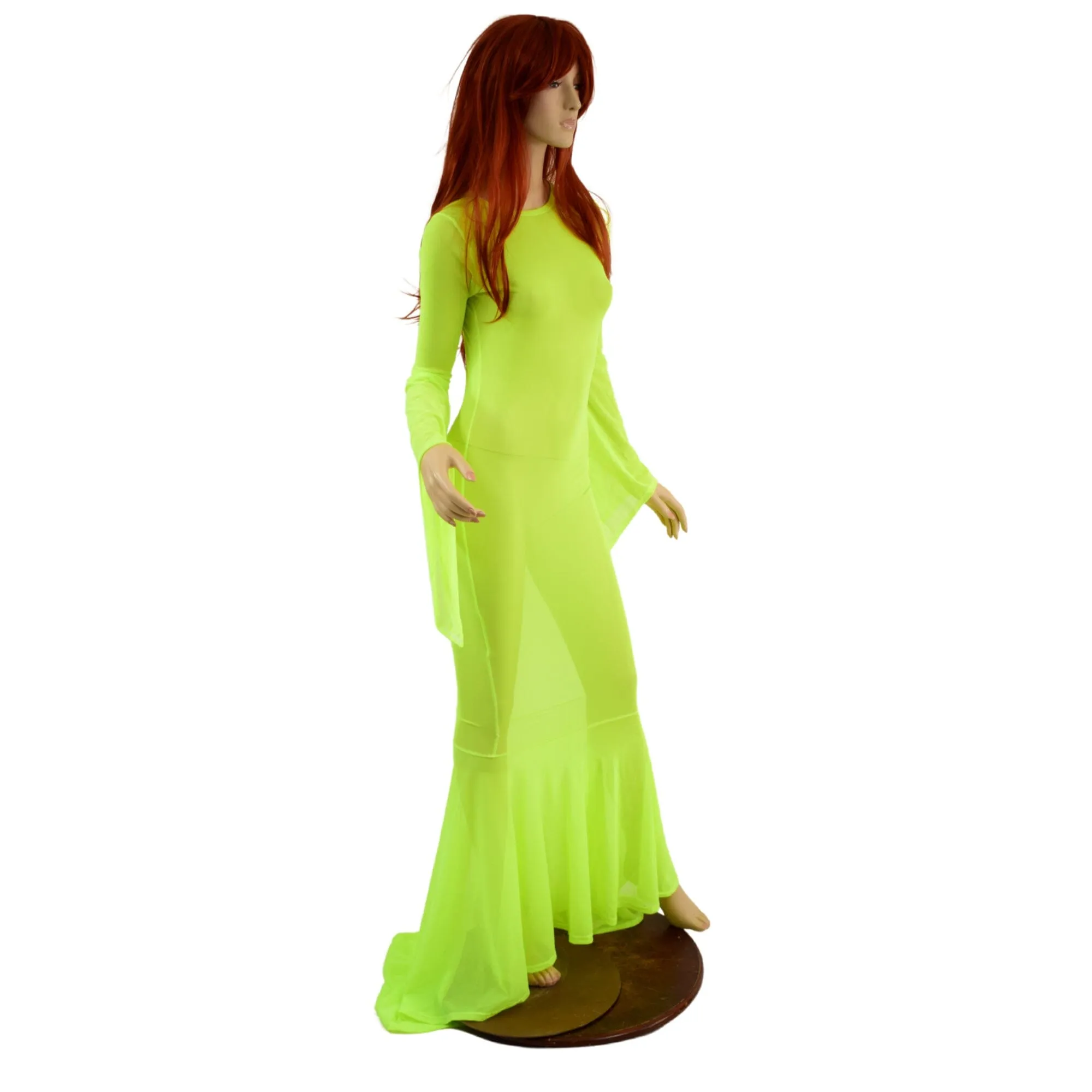 Neon Yellow Mesh Zipper Back Gown with Pixie Sleeves and Puddle Train