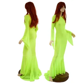Neon Yellow Mesh Zipper Back Gown with Pixie Sleeves and Puddle Train