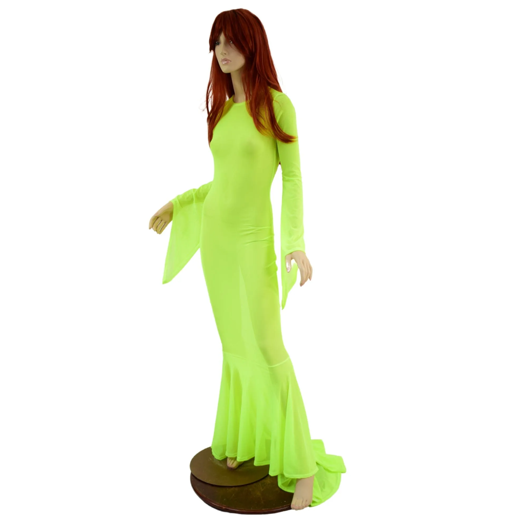Neon Yellow Mesh Zipper Back Gown with Pixie Sleeves and Puddle Train