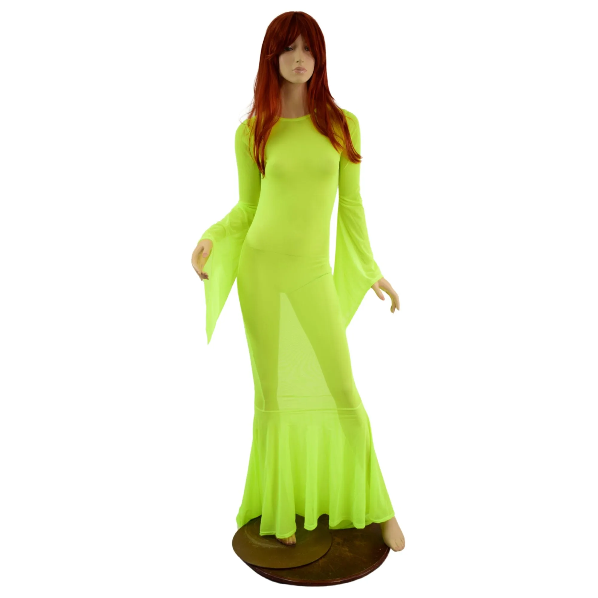 Neon Yellow Mesh Zipper Back Gown with Pixie Sleeves and Puddle Train