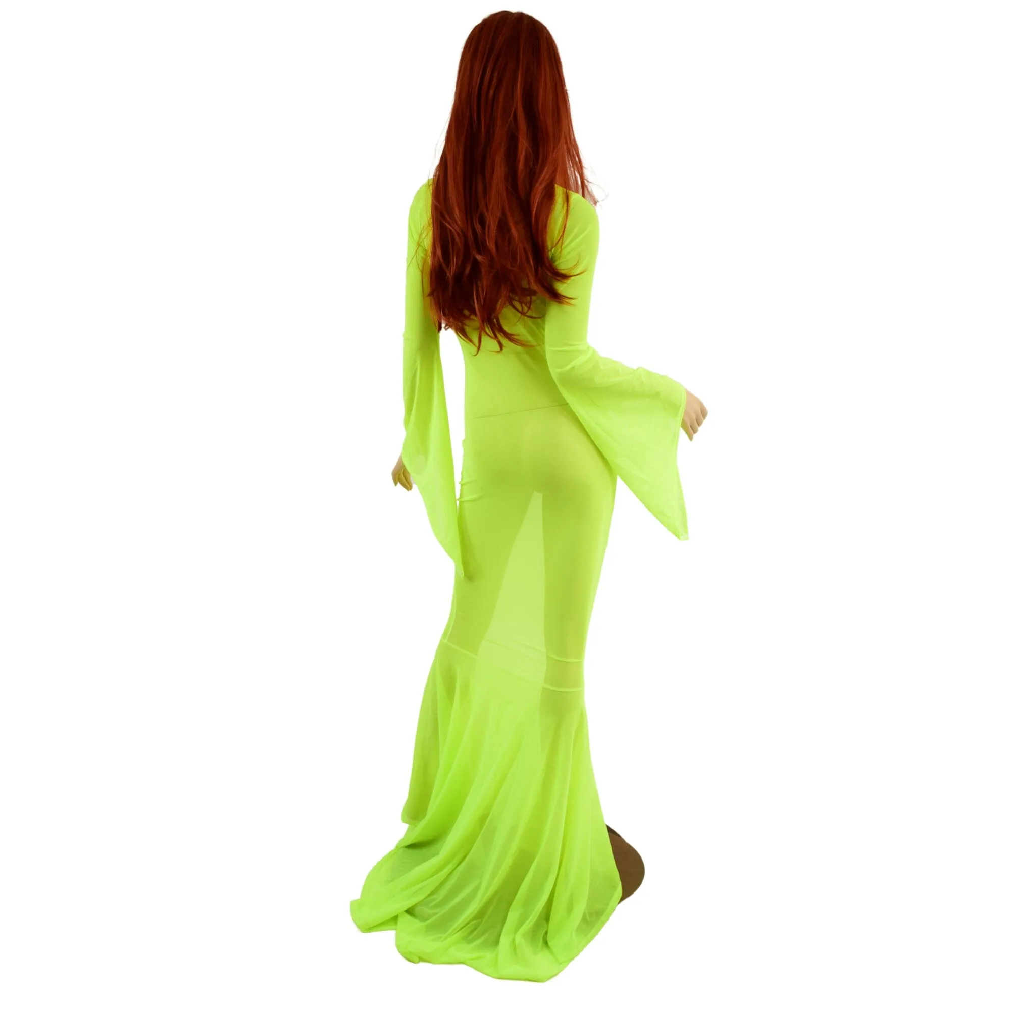 Neon Yellow Mesh Zipper Back Gown with Pixie Sleeves and Puddle Train