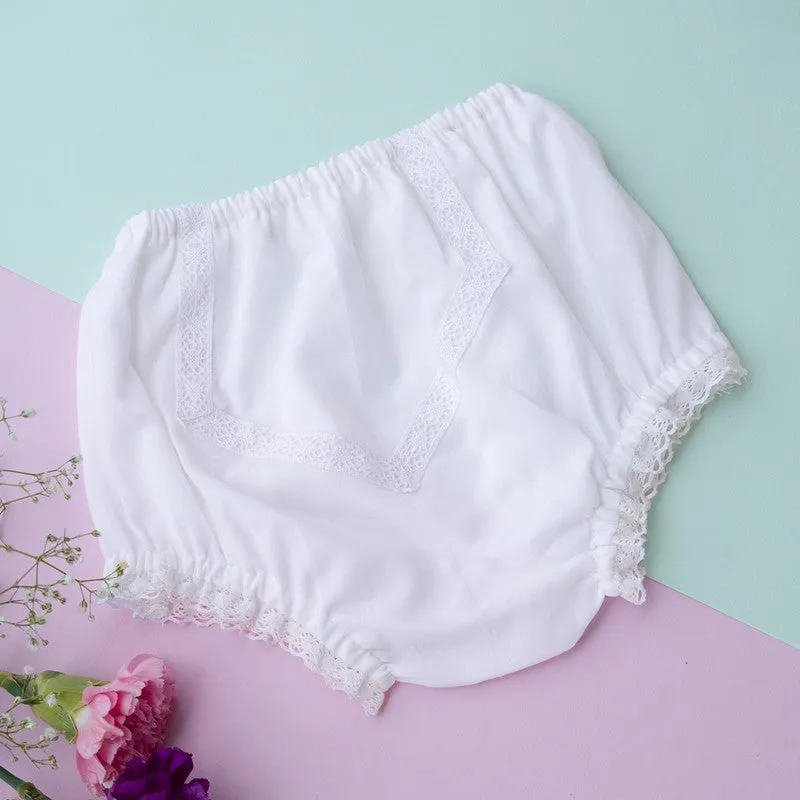 Organic Cotton Baby Bloomers Underwear | Lace Diaper Cover | White