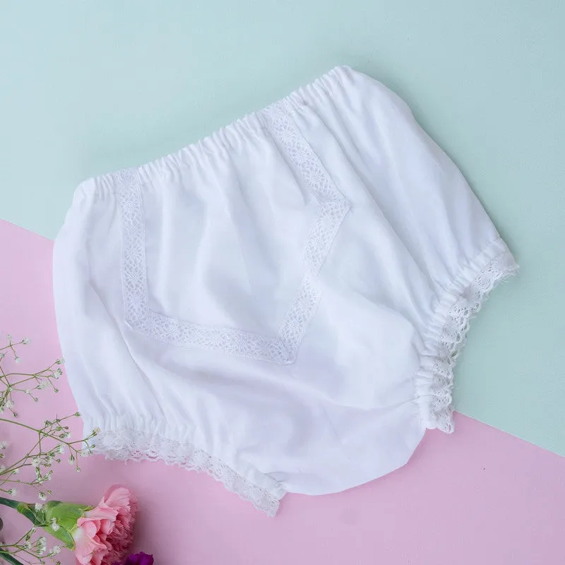 Organic Cotton Baby Bloomers Underwear | Lace Diaper Cover | White