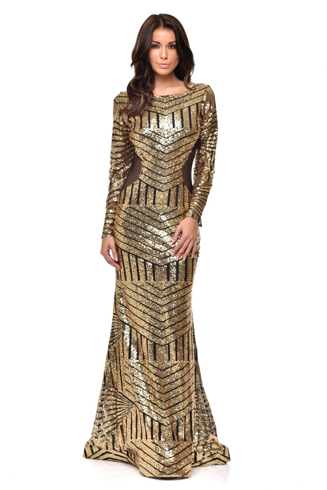 Penelope Gold Geometric Sequin Backless Mesh Fishtail Maxi Dress