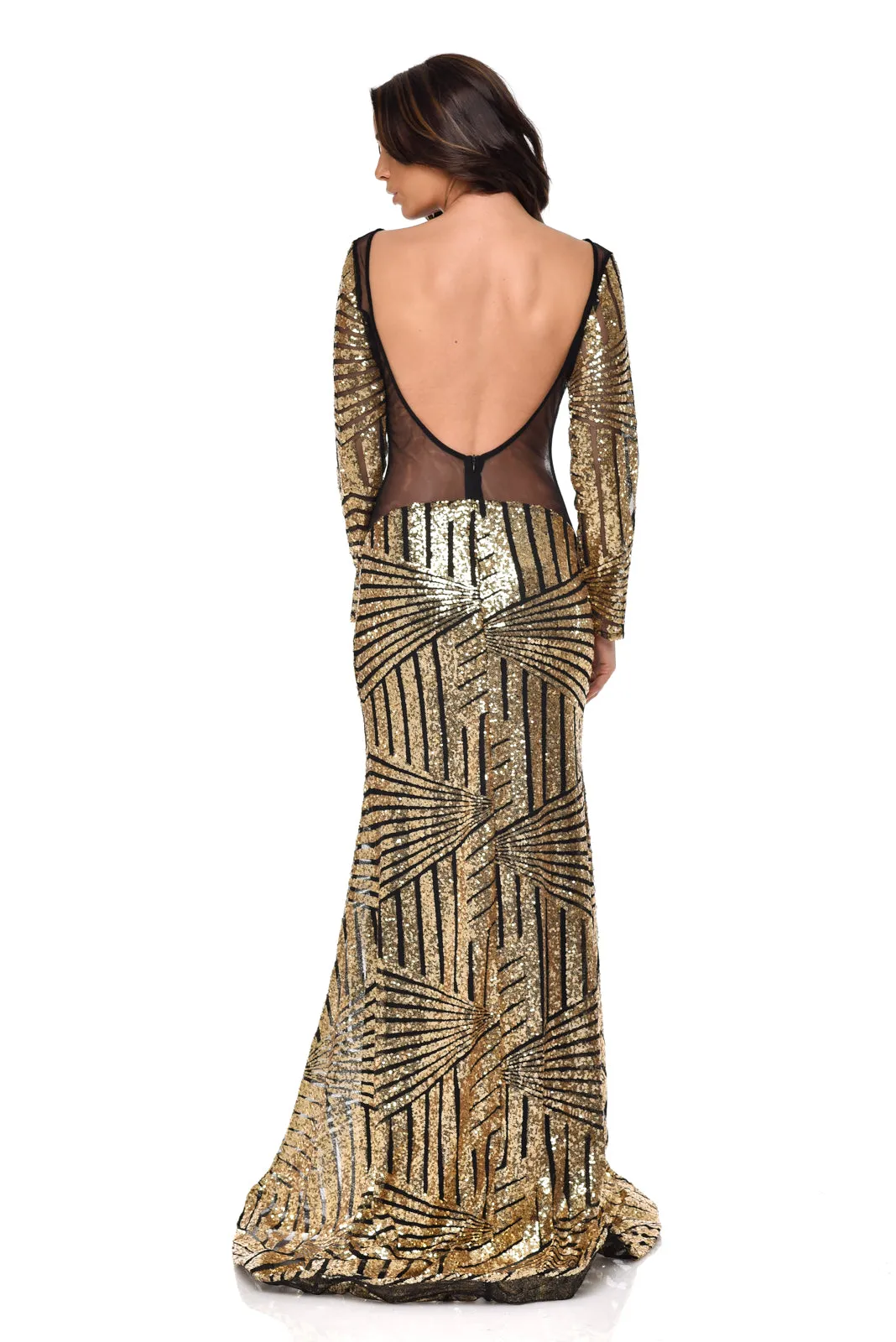 Penelope Gold Geometric Sequin Backless Mesh Fishtail Maxi Dress