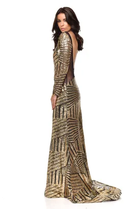Penelope Gold Geometric Sequin Backless Mesh Fishtail Maxi Dress