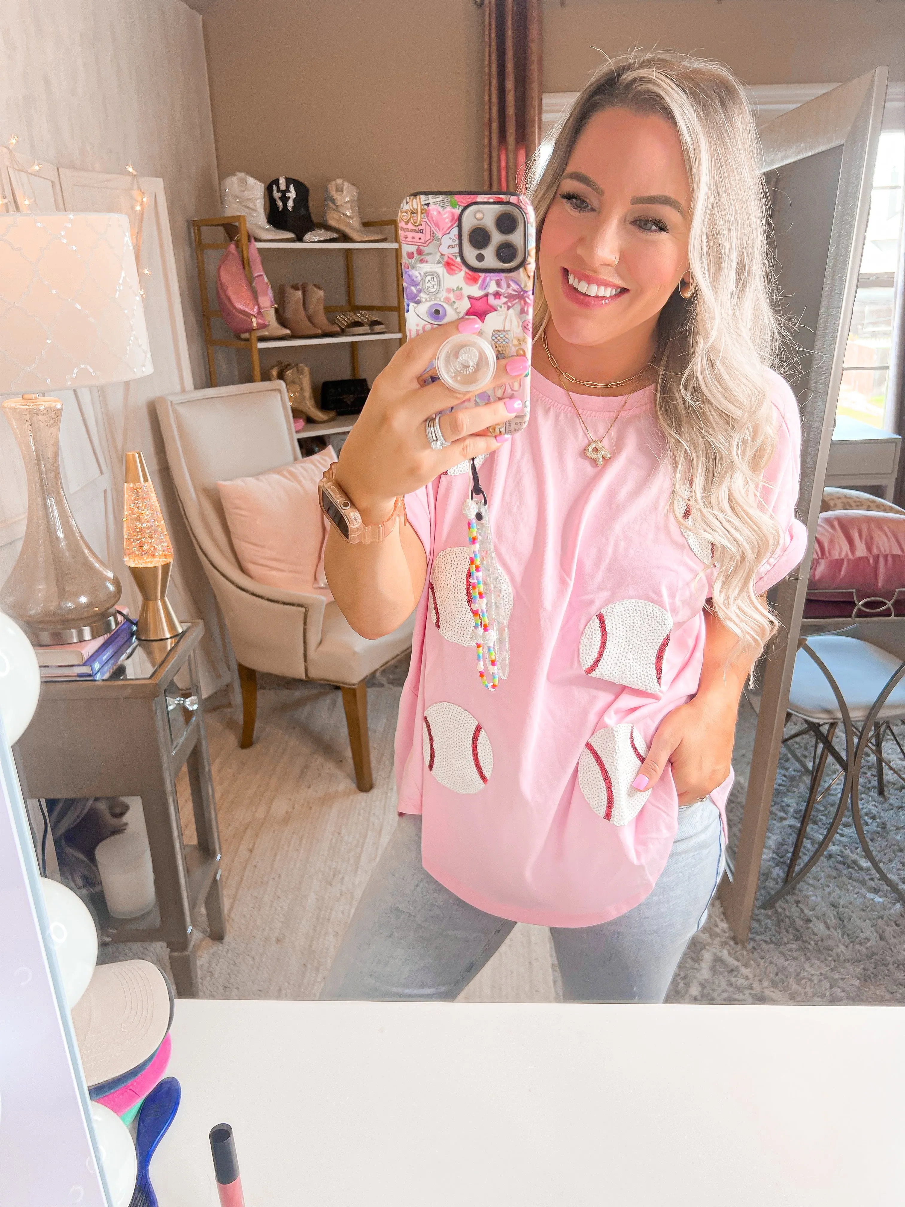 Pink Ballpark Oversized Sequin Baseball Tee