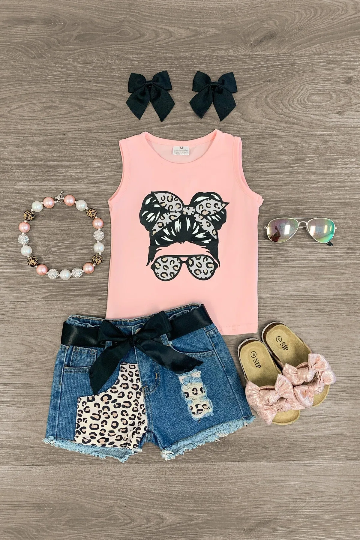 Pink Cheetah Girl Distressed Denim Short Set
